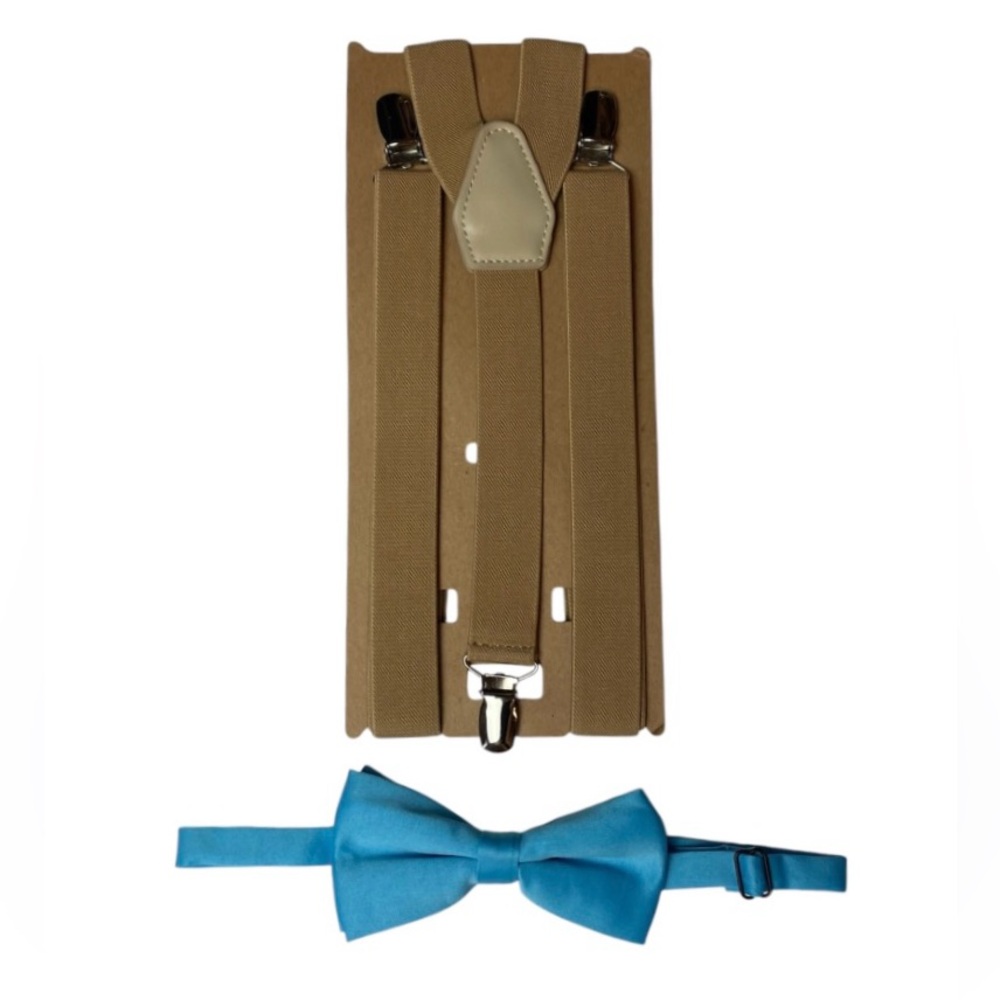 Khaki Tan Suspenders and Aqua Bow Tie Set